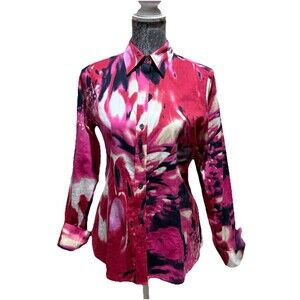 Paperwhite Womens 6 Pink Floral Button Front Blouse Long Sleeve Satin Shirt